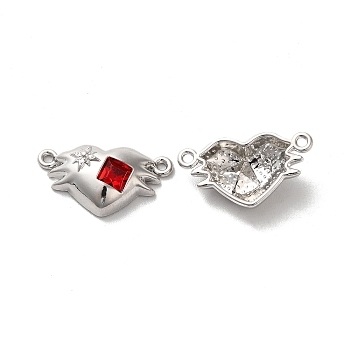 Alloy Connector Charms, Heart Links with Glass, Lead Free & Cadmium Free, Platinum, Red, 12x22x5mm, Hole: 1.4mm