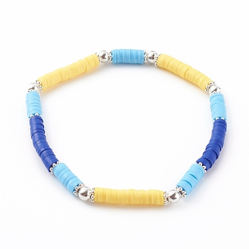 Handmade Polymer Clay Heishi Beaded Stretch Bracelets, with Brass Beads, Platinum, Blue, Inner Diameter: 2-1/8 inch(5.5cm)