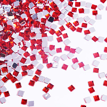 Flat Back Acrylic Rhinestone Cabochons, Nail Art Decoration Accessories, Square, Red, 2x2x1mm, about 10000pcs/bag