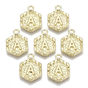 Alloy Pendants, Cadmium Free & Nickel Free & Lead Free, Hexagon with Letter, Real 18K Gold Plated, Letter.A, 17.5x13x2mm, Hole: 2mm