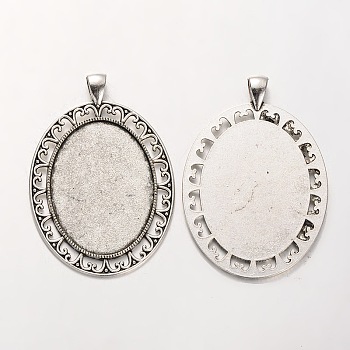 Tibetan Style Alloy Oval Pendant Cabochon Settings, Cadmium Free & Lead Free, Antique Silver, 61x42x2mm, Hole: 5x7mm, Tray: 30x40mm, about 109pcs/kg