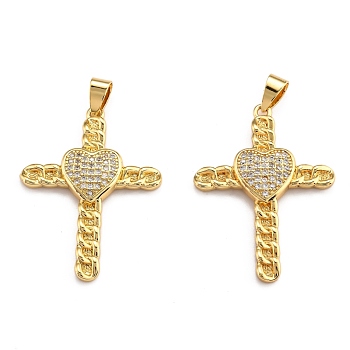 Brass Micro Pave Clear Cubic Zirconia Pendants, Long-Lasting Plated, Cross, Real 18K Gold Plated, 35.5x25.5x3mm, Hole: 2.5x4.5mm