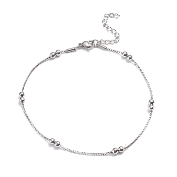 304 Stainless Steel Box Chain Anklets, with Round Beads and Lobster Claw Clasps, Stainless Steel Color, 9-7/8 inch(25cm), 1.5mm
