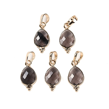 Natural Smoky Quartz Faceted Pendans, Golden Plated Brass Teardrop Charms, 17.5x9x3.5mm, Hole: 6x3.5mm