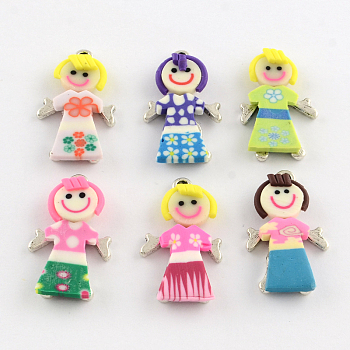 Handmade Zinc Alloy Polymer Clay Girl Pendants, Platinum Metal Color, Mixed Color, 29~31x17x4~5mm, Hole: 2~3mm