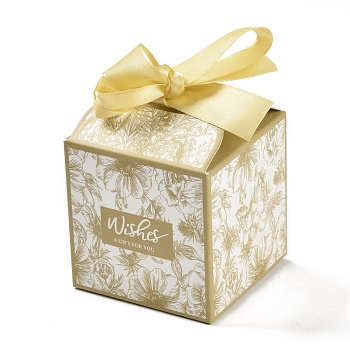 Wedding Theme Folding Gift Boxes, Square with Flower & Word Wishes A GIFT FOR YOU and Ribbon, for Candies Cookies Packaging, Pale Goldenrod, 7x7x8.3cm