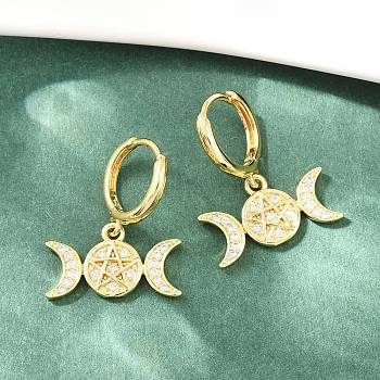 Brass Micro Pave Cubic Zirconia Hoop Dangle Earrings, Triple Goddess Pentagram, Lead Free & Cadmium Free, Long-Lasting Plated, Rack Plating, Real 18K Gold Plated, 24.5x20.5mm