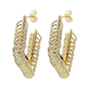 Brass Rhombus with Rings Stud Earrings, Half Hoop Earrings, Real 16K Gold Plated, 43x25x7.5mm