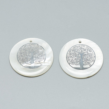 Freshwater Shell Pendants, Covered with Iron Findings, Flat Round with Tree of Life, Platinum, 30~31x2~3mm, Hole: 1.8mm