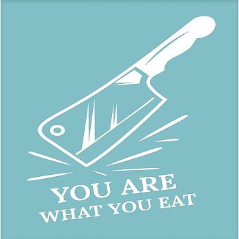 Self-Adhesive Silk Screen Printing Stencil, for Painting on Wood, DIY Decoration T-Shirt Fabric, Knife with Word YOU ARE WHAT YOU EAT, Sky Blue, 28x22cm