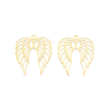 201 Stainless Steel Pendants, Etched Metal Embellishments, Wing, Real 18K Gold Plated, 40x33x0.3mm, Hole: 3mm