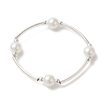 Glass Pearl & Synthetic Hematite & Brass Tube Beaded Stretch Bracelet for Women, Silver, Inner Diameter: 1-7/8 inch(4.7cm)