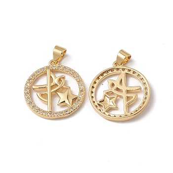Rack Plating Brass Pendants, with Cubic Zirconia, Flat Round with Star Charm, Cadmium Free & Lead Free, Long-Lasting Plated, Real 18K Gold Plated, 21x19x2.5mm, Hole: 5x3.5mm