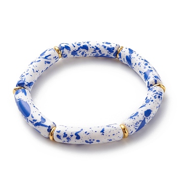 Acrylic Curved Tube Beaded Stretch Bracelet, Chunky Bamboo Friendship Braceelet for Women, Blue, Inner Diameter: 2-1/8 inch(5.3cm)