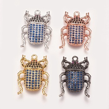 Brass Micro Pave Cubic Zirconia Pendants, Beetle, Blue, Mixed Color, 22.5x16.5x4mm, Hole: 1.5mm