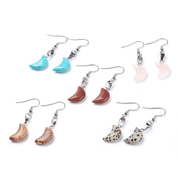 Natural & Synthetic Mixed Gemstone Dangle Earrings, Crescent Moon Earrings, with 304 Stainless Steel Earring Hooks, 51mm, Pin: 0.6mm
