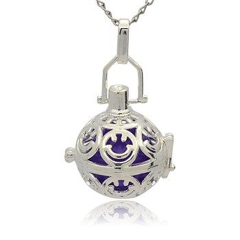 Silver Color Plated Brass Hollow Round Cage Pendants, with No Hole Spray Painted Brass Round Ball Beads, Medium Purple, 35x25x21mm, Hole: 3x8mm