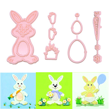 Food Grade Plastic Molds, Fondant Molds Set, Bakeware Tools, For DIY Cake Decoration, Chocolate, Candy Mold, Easter Theme Pattern, Rabbit & Grass & Carrot, Pink, 93~106x17~55x11mm, 4pcs/set