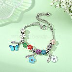 Alloy European Beads Charm Bracelets for Women, Brass Round Snake Chain Bracelets for Women, Butterfly & Flower, Colorful, 7.60 inch(19.3cm)(BJEW-JB13948)