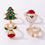 Christmas Theme Santa Claus & Christmas Tree & Deer Alloy Enamel Finger Rings Sets, Golden, Inner Diameter: 17~18mm, 4pcs/set(FS-WGAB09C-01)