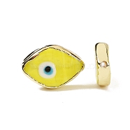 Handmade Lampwork Beads, with Golden Plated Brass Findings, Cadmium Free & Lead Free, Horse Eye with Evil Eye, Yellow, 14x20x4.5mm, Hole: 1.4mm(LAMP-P057-06G-09)