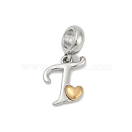 Brass European Dangle Charms, Heart Letter Large Hole Pendants, Platinum & Golden, Letter T, 25.5~30.5mm, Hole: 6mm(KK-Z097-01T-GP)