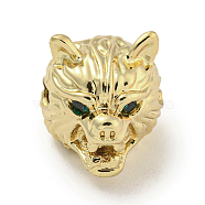 Brass Micro Pave Dark Green Cubic Zirconia Beads, Wolf, Real 18K Gold Plated, 11x11x14mm, Hole: 2mm(ZIRC-P119-09G)