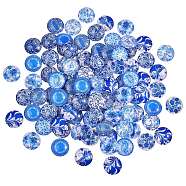 Blue and White Printed Glass Cabochons, Half Round/Dome, Steel Blue, 20x6mm, 100pcs/box(GGLA-SZ0001-13)