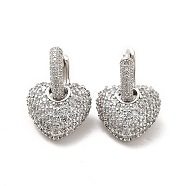 Clear Cubic Zirconia Heart Dangle Hoop Earrings, Brass Jewelry for Women, Platinum, 22mm, Pin: 1mm(EJEW-C054-05P)
