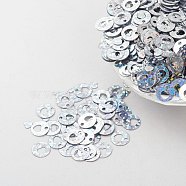 Ornament Accessories Plastic Paillette/Sequins Charms, Flat Round with Heart, Silver, 8x0.1mm, Hole: 1.4mm(PVC-E001-11-LS01)