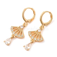 Rack Plating Golden Brass Dangle Leverback Earrings, with Cubic Zirconia, Fan, Clear, 36x13mm(EJEW-B037-25G)