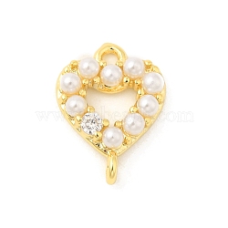 Rack Plating Brass Clear Cubic Zirconia Connector Charms, ABS Imitation Pearl Links, Real 18K Gold Plated, Long-Lasting Plated, Lead Free & Cadmium Free, Heart, 13.5x10x3.5mm, Hole: 1.2mm(KK-S396-06B)