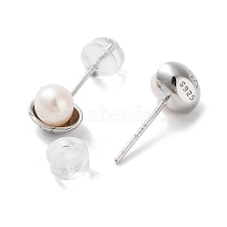 Natural Pearl Stud Earrings for Women, with Sterling Silver Pins, Platinum, 7x7.5mm(EJEW-C083-06P)