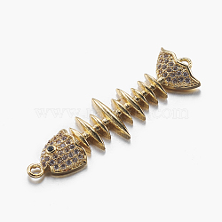 Long-Lasting Plated Brass Micro Pave Cubic Zirconia Links, Real 18K Gold Plated, Fish Bone, Colorful, 37x11x3mm, Hole: 1.5mm(ZIRC-L072-32G)