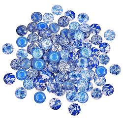 Blue and White Printed Glass Cabochons, Half Round/Dome, Steel Blue, 20x6mm, 100pcs/box(GGLA-SZ0001-13)