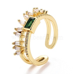 Rectangle Double Line Cubic Zirconia Cuff Ring, Real 18K Gold Plated Brass Hollow Wide Open Ring for Women, Lead Free & Cadmium Free, Green, US Size 8 1/2(18.5mm)(RJEW-E170-03G)