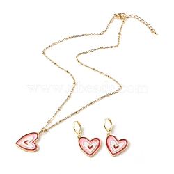 304 Stainless Steel Enamel Stud Earrings & Pendant Necklaces Jewelry Sets, with Brass Curb Chains, Heart, Golden, Red, 17.5 inch(44.5cm), 37mm(SJEW-JS01196-03)