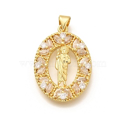 Religion Themed Rack Plating Brass Micro Pave Cubic Zirconia Pendants, Long-Lasting Plated, Lead Free & Cadmium Free, Mixed Shape Charms, Oval, 27.5x20x4mm, Hole: 5x3mm(KK-L226-007G-20)