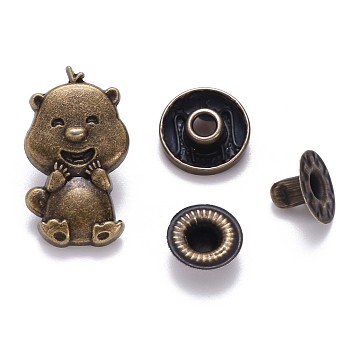 Brass Snap Buttons, Alloy Cap, Garment Buttons, Cadmium Free & Lead Free, Bear, Antique Bronze, Cap: 23.5x13.5mm, Pin: 3mm, Stud: 10x4mm, knob: 4.5mm & 10x6.5mm, knob: 3.5mm, Socket: 12x4mm, half-drill: 5mm