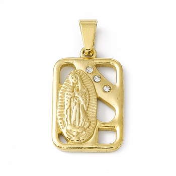 Vacuum Plating 304 Stainless Steel Pendants, with Crystal Rhinestone, Rectangle with Virgin Mary, Golden, 24x15x2.5mm, Hole: 6.5x3mm