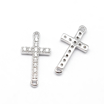 Latin Sideways Cross Brass Micro Pave Cubic Zirconia Links, Clear, Cadmium Free & Nickel Free & Lead Free, Real Platinum Plated, 17x9x2mm, Hole: 1mm