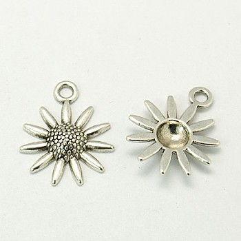 Tibetan Style Alloy Pendants, Lead Free, Nickel Free and Cadmium Free, Sunflower, Antique Silver, 22x18x3.5mm, Hole: 3mm.