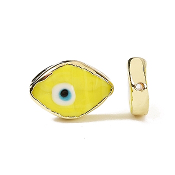 Handmade Lampwork Beads, with Golden Plated Brass Findings, Cadmium Free & Lead Free, Horse Eye with Evil Eye, Yellow, 14x20x4.5mm, Hole: 1.4mm
