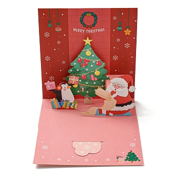Square 3D Christmas Tree Pop Up Paper Greeting Card, with Envelope, Christmas Day Invitation Card, FireBrick, 105x105x105mm