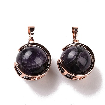Natural Amethyst Pendants, Ball Sphere Charms with Rose Gold Tone Brass Findings, 24x21x18mm, Hole: 8x5mm