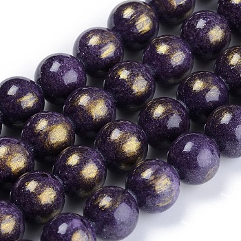 Natural Mashan Jade Beads Strands, with Gold Foil, Dyed, Round, Indigo, 8mm, Hole: 1mm, about 50pcs/strand, 15.75 inch(40cm)