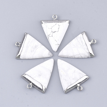 Electroplate Natural Howlite Pendants, with Iron Findings, Triangle, Platinum, 30~34x23x5~5.5mm, Hole: 1.6mm