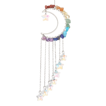 Glass Star Pendant Decoration, Hanging Suncatchers, with Moon Brass & Gemstone Chips and Cable Chains, Clear AB, 220x46mm