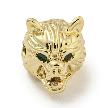 Brass Micro Pave Dark Green Cubic Zirconia Beads, Wolf, Real 18K Gold Plated, 11x11x14mm, Hole: 2mm