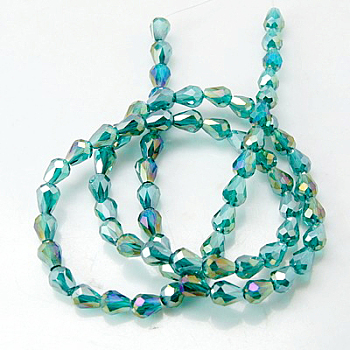 Electroplate Glass Beads Strands, AB Color Plated, Faceted Teardrop, Cyan, 12x8mm, 58pcs/strand, 26.5 inch